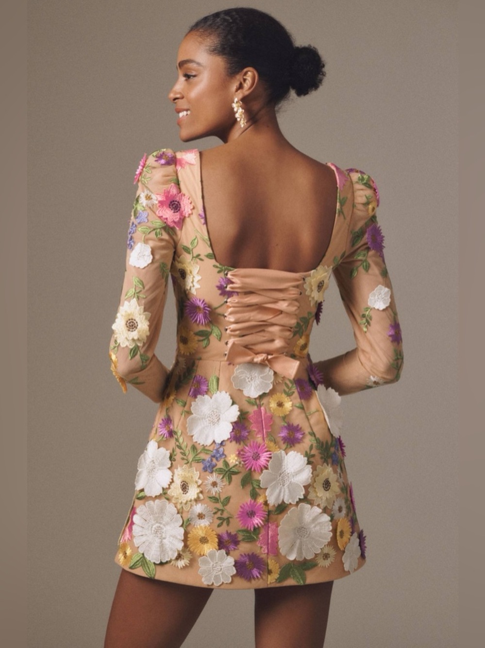 Helsi Ellen Puff-sleeve 3d Floral A-line Mini Dress In Brown size XS NWT